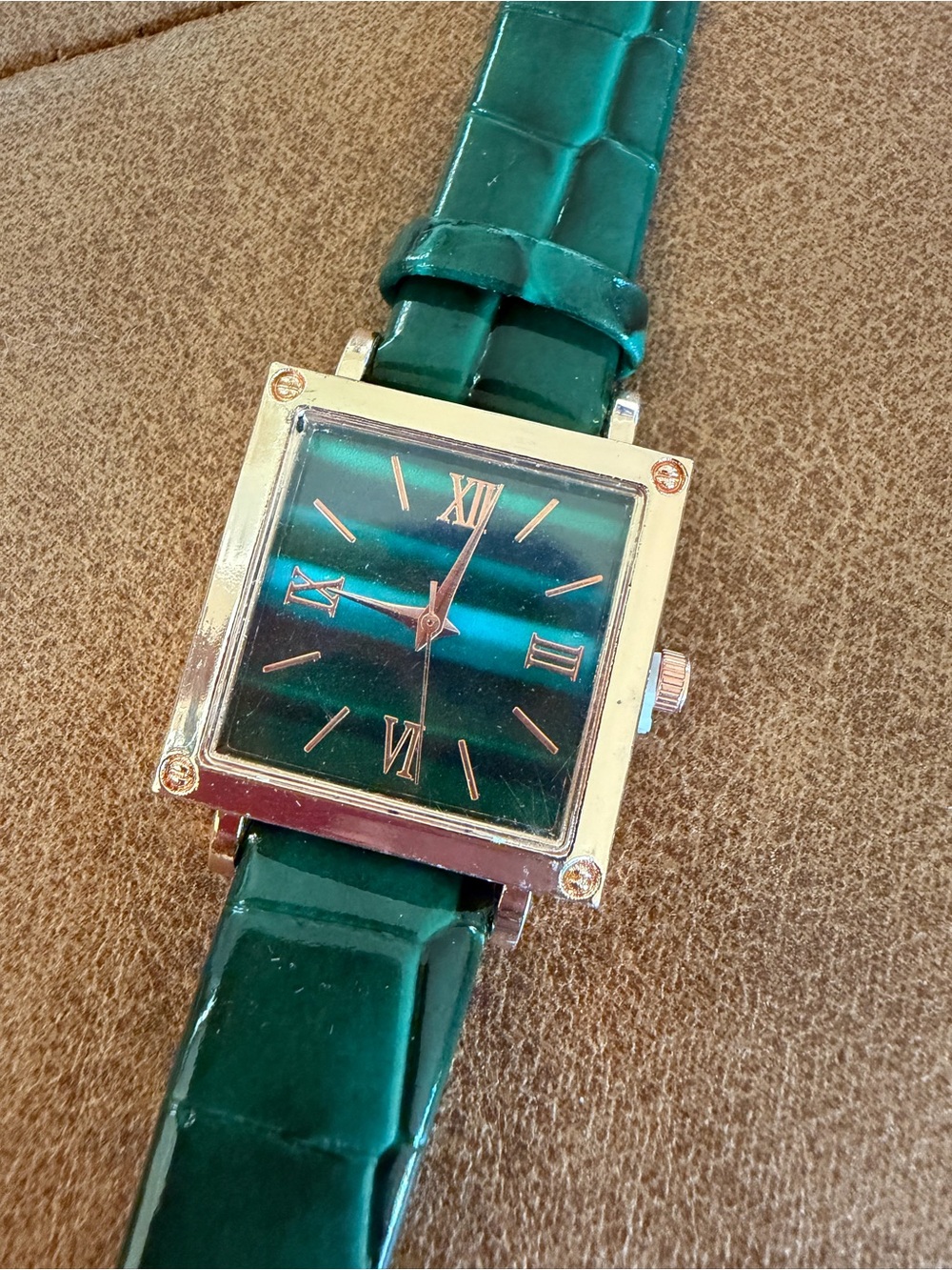 Women's Square Tank Watch - Emerald Green Dial & Roman Numerals - Green Leather